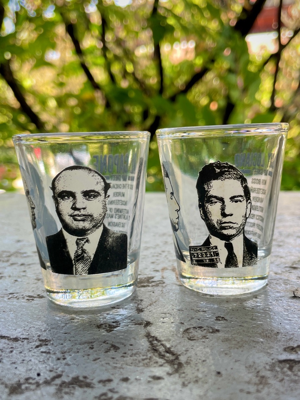 Gangster Shot Glasses Mugshot Al Capone and Lucky Luciano Set of 2 “Americana”